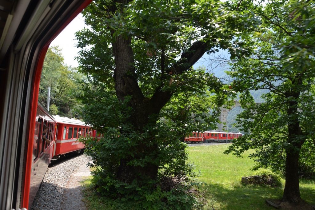 Bernina Express, Via Albula, Switzerland, train, travel by train, mountains, narrow rails, treinreis, Graubünden, rode trein, Zwitserse Alpen