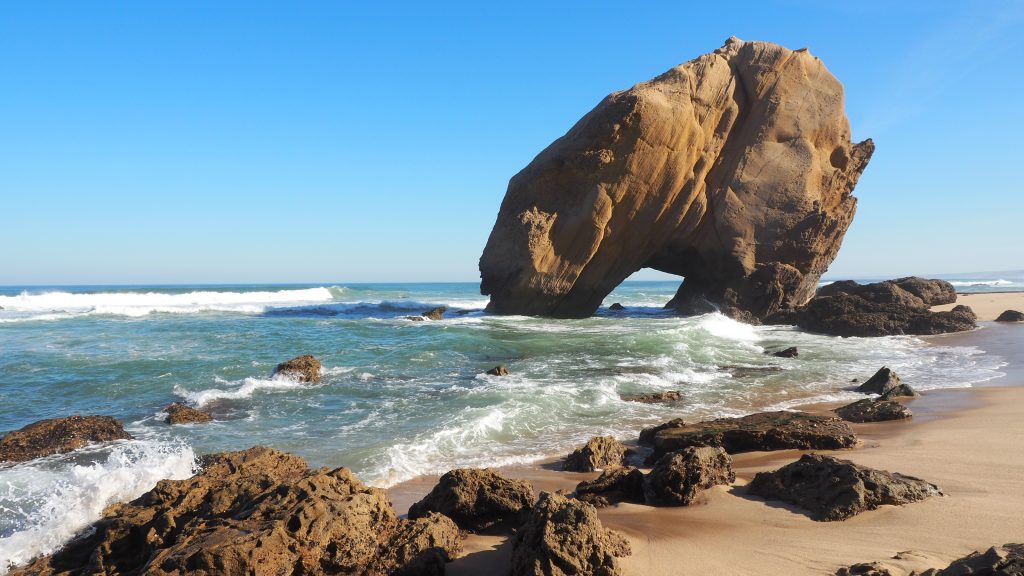 STRAND, PORTUGAL, ROTSEN, KUST, STRAND, BEACH, SANTA CRUZ