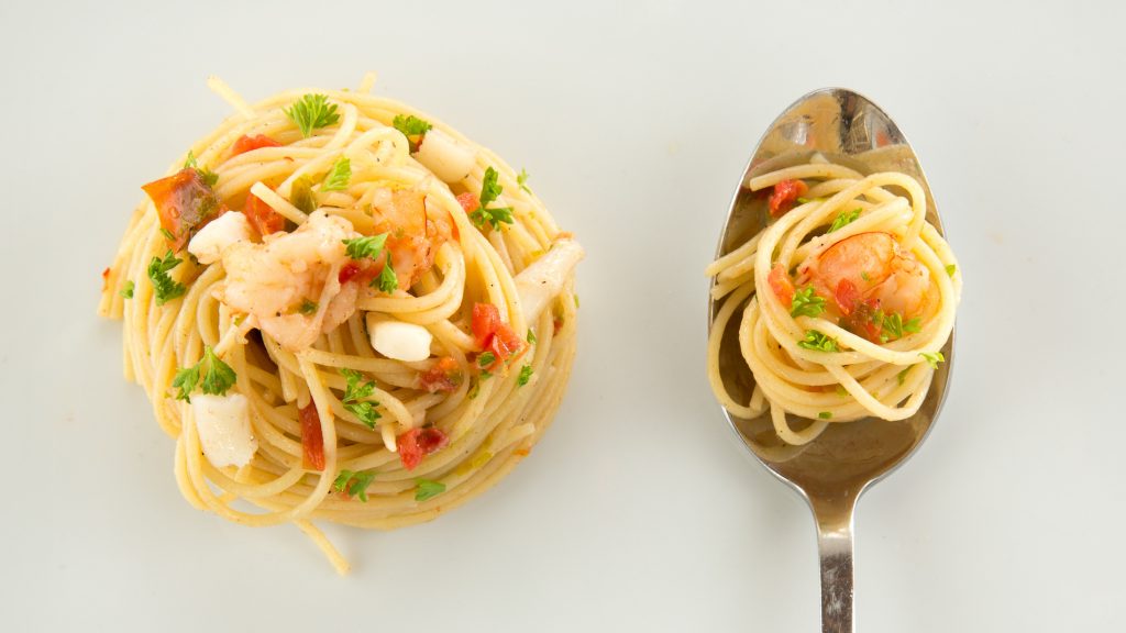 Italiaanse keuken, spagetti met scampi